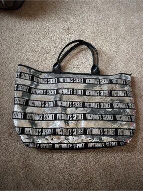 Victoria's Secret Black and Silver Logo Sequin Tote